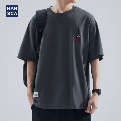 hansca 日系重磅刺绣短袖T恤男夏季纯棉宽松休闲大码落肩袖上衣服商品大图