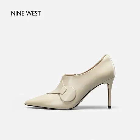 Nine West/玖熙纯色圆扣细跟短靴女2023冬新款尖头气质职业时装靴商品大图