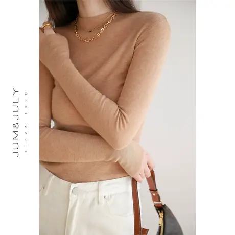 嘉茱莉重磅山羊绒长袖针织打底衫女春秋新款高领毛衣内搭上衣商品大图