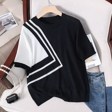 冰丝针织衫薄款短袖t恤女2023新款夏季宽松圆领半袖上衣减龄体恤商品大图