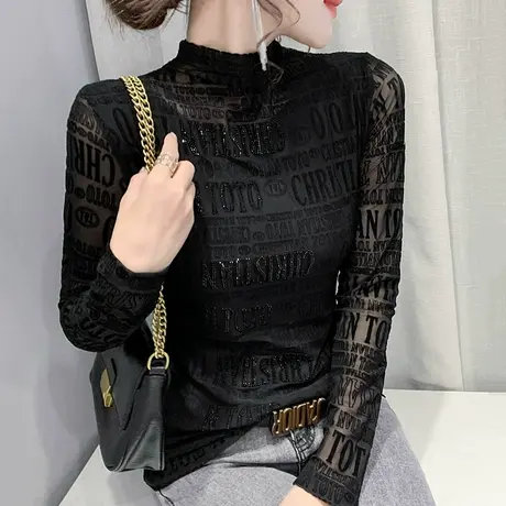 加绒打底衫女春秋洋气烫钻长袖T恤半高领网纱小衫紧身内搭上衣潮商品大图