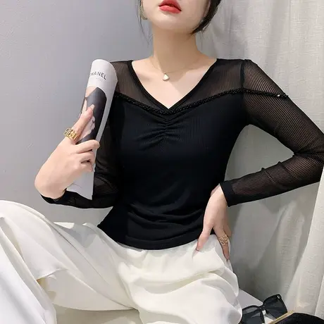 欧货性感V领打底衫女秋季新款时尚洋气网纱上衣别致钉珠T恤长袖潮商品大图