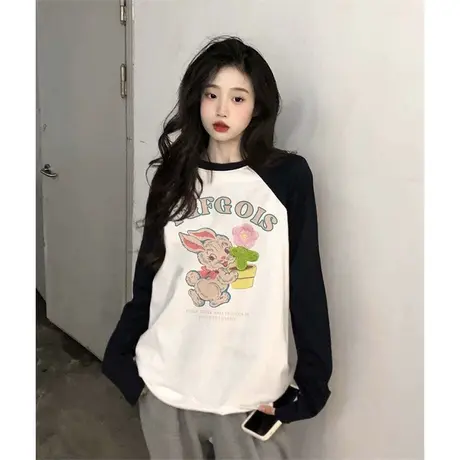 拼接独特上衣超好看长袖t恤女秋冬冬设计感小众宽松插肩袖打底衫商品大图