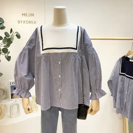 韩国东大门条纹衬衫2021早秋款荷叶袖上衣娃娃A版衬衣甜美遮肚子商品大图