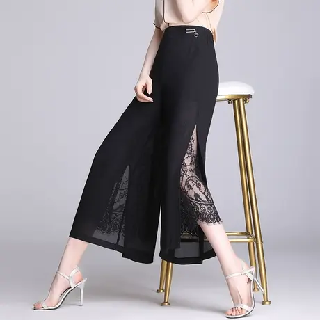 雪纺阔腿裤女夏款飘逸开叉裙裤2023新款高腰宽松垂感蕾丝九分裤薄商品大图