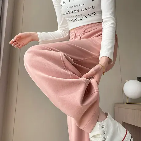针织阔腿裤女秋冬仿羊绒新款高腰垂感雪尼尔拖地窄版休闲直筒裤子商品大图