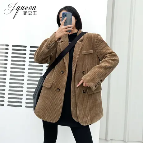 灯芯绒西装外套女秋冬加绒新款复古宽松显瘦休闲设计感条绒小西服图片