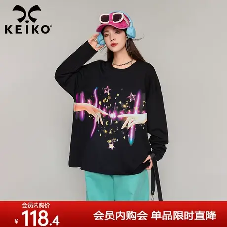KEIKO 日系印花长袖T恤2023年秋季圆领套头宽松打底衫上衣薄卫衣图片