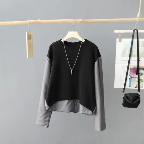 韩版设计感小众拼接t恤女长袖秋装新款休闲洋气西装拼接上衣外套图片