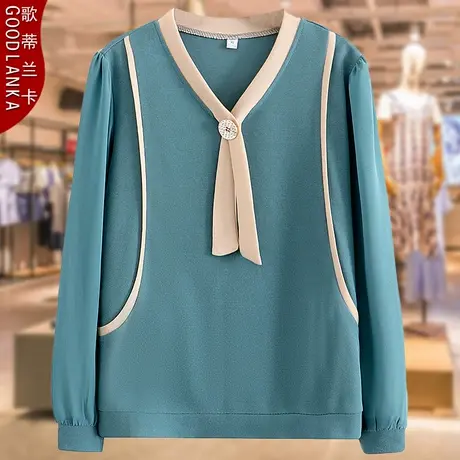 40-50岁中年妈妈春秋打底衫上衣大码宽松遮肚洋气系带撞色长袖T恤商品大图