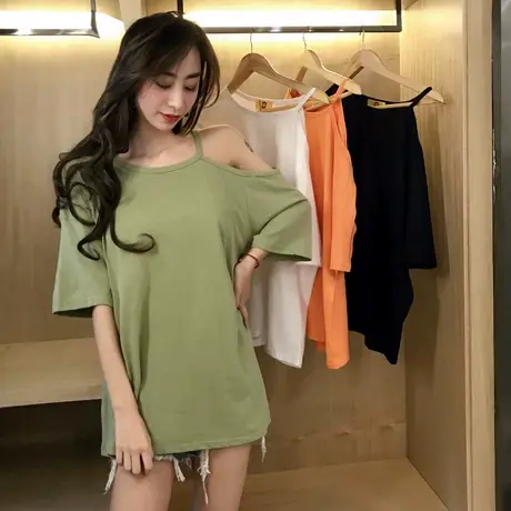 2023春夏季新款韩版中长款显瘦短袖小心机t恤女小众露肩上衣体恤商品大图