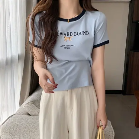 ins超火短袖t恤女夏季修身显瘦别致短款半袖体恤打底衫休闲上衣潮商品大图