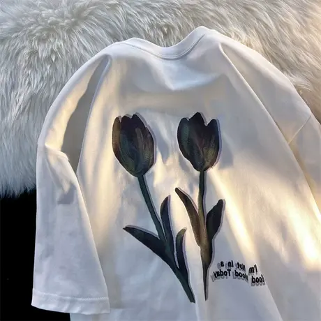 纯棉郁金香印花短袖t恤女夏季ins潮牌设计感宽松甜酷独特上衣体恤图片