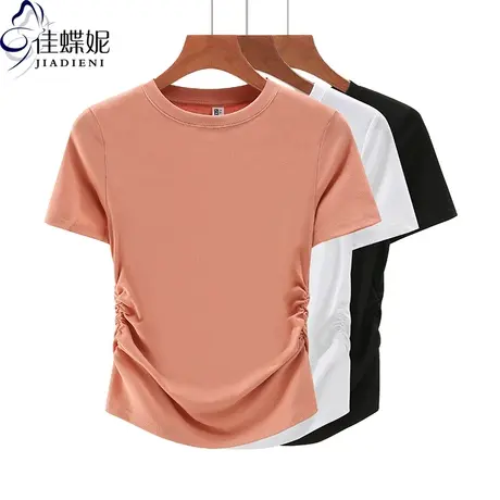 夏季新款韩版圆领修身纯棉纯色褶皱短袖体恤上衣内搭女打底衫T恤商品大图