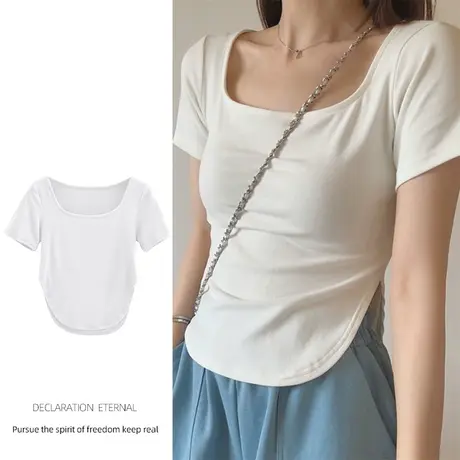 韩风chill白色t恤女方领修身甜辣妹短袖设计感小众ins纯欲风上衣图片