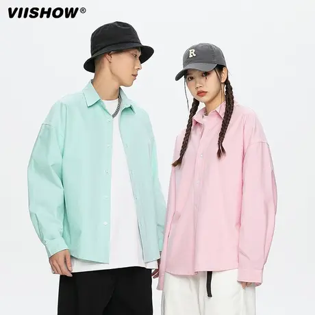 VIISHOW长袖衬衫男女日系复古简约纯色翻领潮牌宽松休闲百搭衬衣商品大图