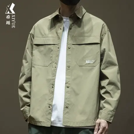 希越美式复古刺绣衬衫男2023秋季新款宽松大码高密牛津格口袋外套商品大图