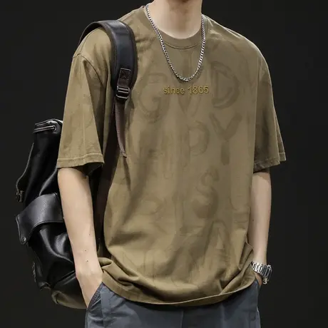 重磅短袖t恤男宽松潮牌胖子大码男装23新款男士美式复古体恤印花商品大图