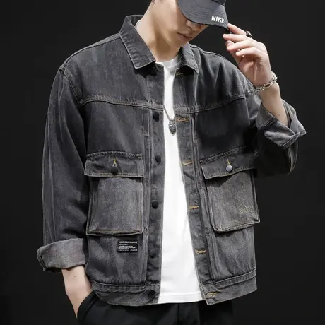 黑色牛仔外套男士春秋ins潮高级感宽松大码工装夹克加肥加大秋季图片