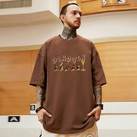 美式复古风潮流咖色t恤ins潮流大码加肥加大潮胖子宽松半袖男短袖商品大图