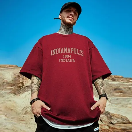 加肥加大夏季新款字母纯棉t恤男美式复古潮流宽松情侣酒红色短袖商品大图