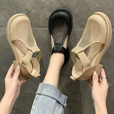 包头凉鞋女夏外穿2023网纱新款透气网面镂空丑萌大头粗中跟罗马鞋商品大图