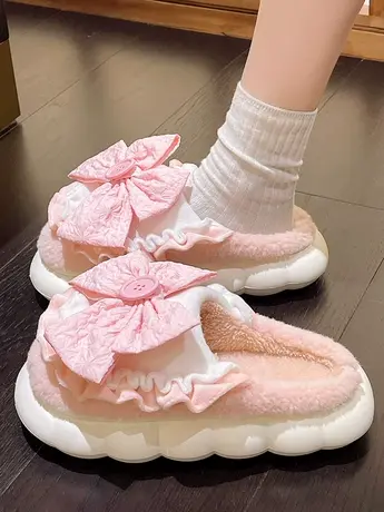 蝴蝶结包头棉拖鞋女秋冬季2023新款室内家居厚底防滑保暖毛绒棉拖商品大图