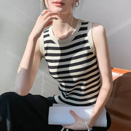 圆领撞色条纹无袖背心女2025春季新款修身显瘦遮副乳衬衫内搭上衣商品大图