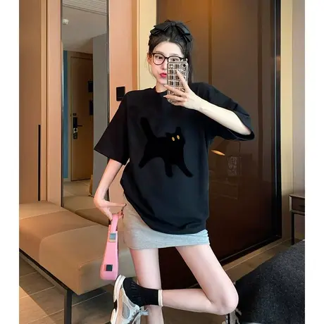 大码胖mm黑色短袖t恤女夏季宽松休闲百搭显瘦半袖上衣ins潮300斤商品大图