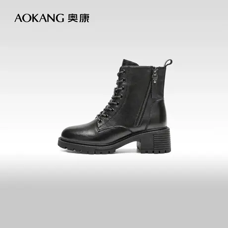 【门店发货】奥康女鞋冬季新款加厚保暖舒适马丁靴粗跟英伦风真皮图片