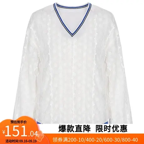 【艾格】2023春季新款V领条透视蕾丝衫长袖打底衫双层T恤上衣女商品大图