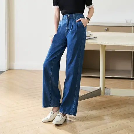 茵曼2023夏季女装新款复古通勤高腰松紧腰舒适宽松梨形身材牛仔裤图片