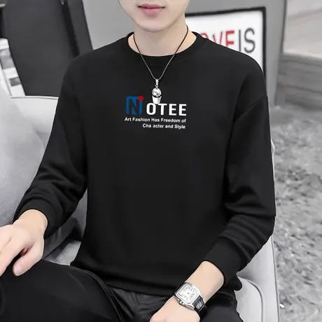 春秋款圆领卫衣男ins潮流宽松百搭黑色秋季加绒长袖t恤套头无帽衫商品大图