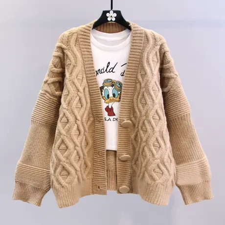 复古慵懒风加厚麻花毛衣外套女秋冬2023新款宽松百搭V领针织开衫图片