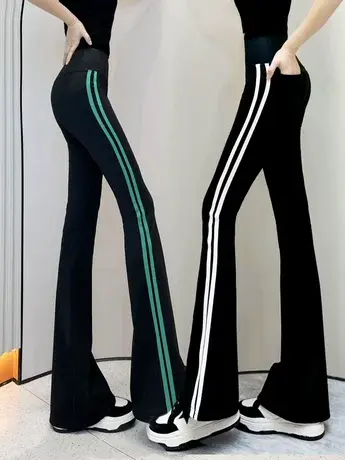 休闲裤女双杠条纹微喇叭裤春秋新款韩版松紧腰显瘦垂感运动裤长裤商品大图