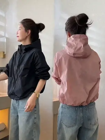 连帽纯色拉链冲锋衣外套女2023年新款高级感休闲百搭防晒夹克上衣商品大图