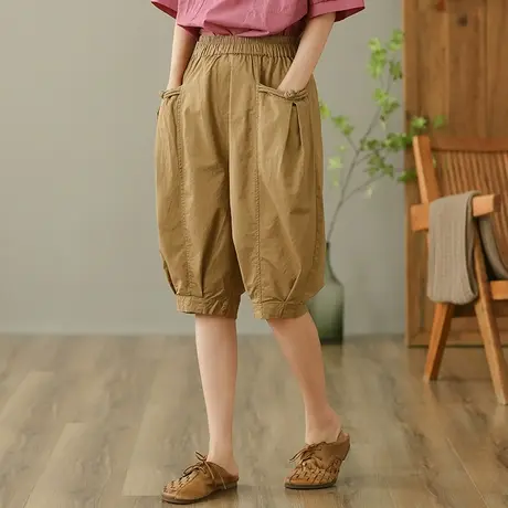 dza 高腰显瘦全棉休闲裤女2023夏季薄款五分束口裤宽松百搭直筒裤图片