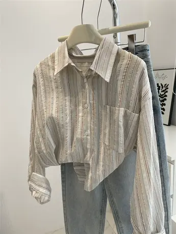 韩系复古彩色条纹衬衫女！春夏棉麻竖条宽松显瘦长袖防晒衫衬衣秋图片