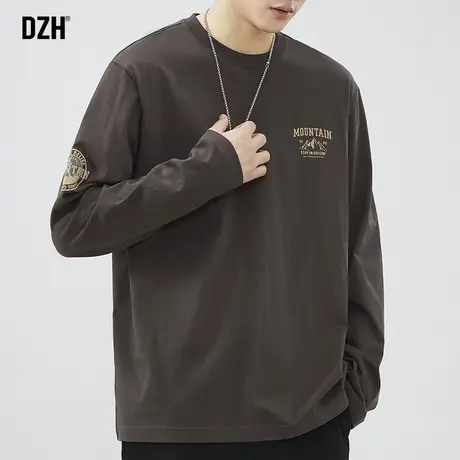 男士圆领长袖t恤男秋季纯棉2023新款美式印花上衣基础款内搭打底商品大图