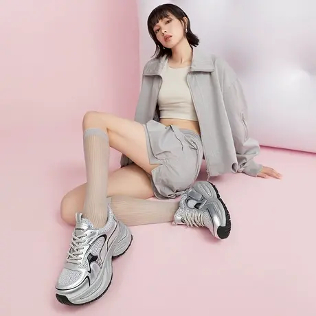 康奈女鞋2025年春季款厚底运动休闲鞋增高网面透气银色时尚老爹鞋商品大图