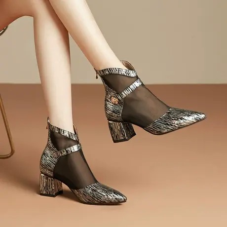 真皮凉靴高跟鞋女2023夏季新款尖头粗跟透气网纱薄款凉鞋气质百搭商品大图