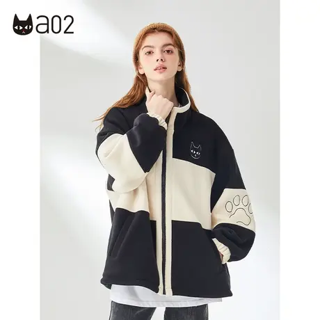 a02摇粒绒外套女2023冬季经典黑白撞色外套加厚保暖宽松上衣商品大图