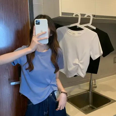 2023年早春夏季新款甜辣风别致上衣服设计感小众短款短袖t恤女装图片