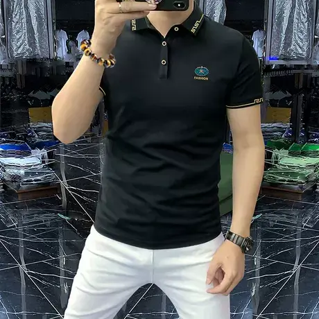 男生夏季新款时尚潮流polo衫字母男装短袖翻领帅气修身t恤衫黑色商品大图