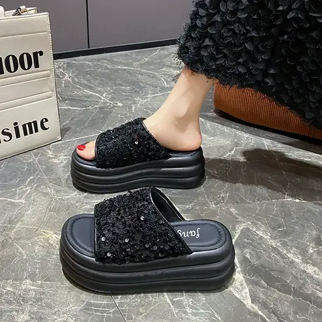 时尚亮片厚底拖鞋女夏季外穿软底法式小凉拖女鞋高级感增高跟凉鞋商品大图
