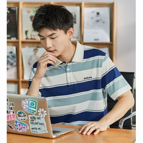 唐狮夏季新款短袖polo衫男士带条纹商务高级感有翻领t恤潮牌商品大图