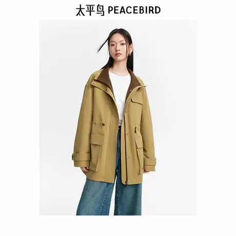 太平鸟 工装风风衣秋季新款女士撞色大口袋外套抽绳可调节大小图片