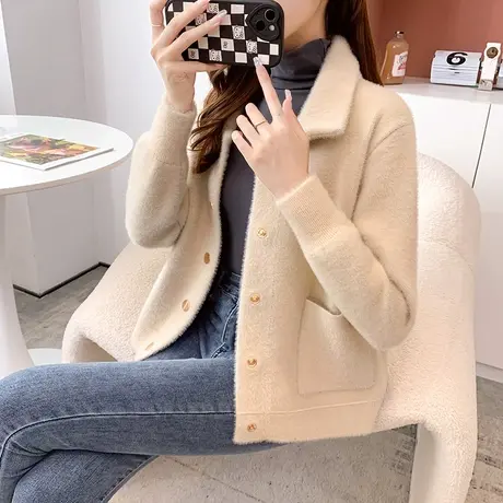 秋季女士小香风水貂绒短外套2023年新款洋气百搭开衫加厚上衣秋冬图片