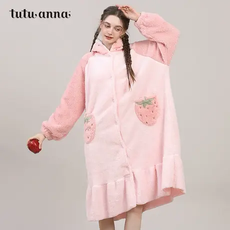 tutuanna秋冬珊瑚绒女士睡衣公主风羊羔绒连帽保暖长款睡袍家居服商品大图