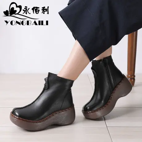 时尚坡跟厚底真皮头层牛皮短靴2025秋冬新款女圆头休闲鞋靴子皮鞋商品大图